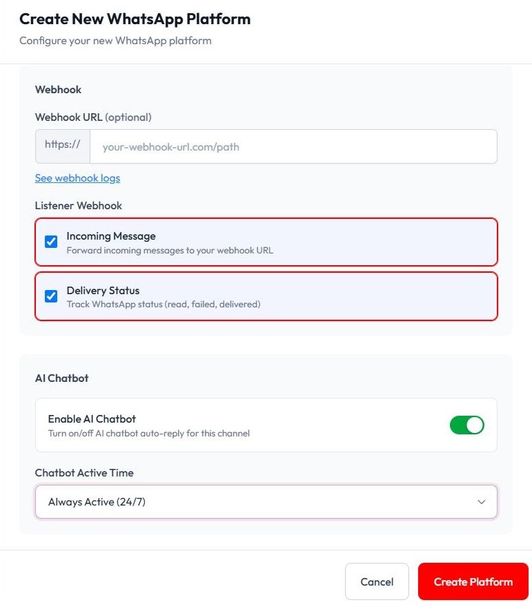 Pengaturan webhook dan chatbot