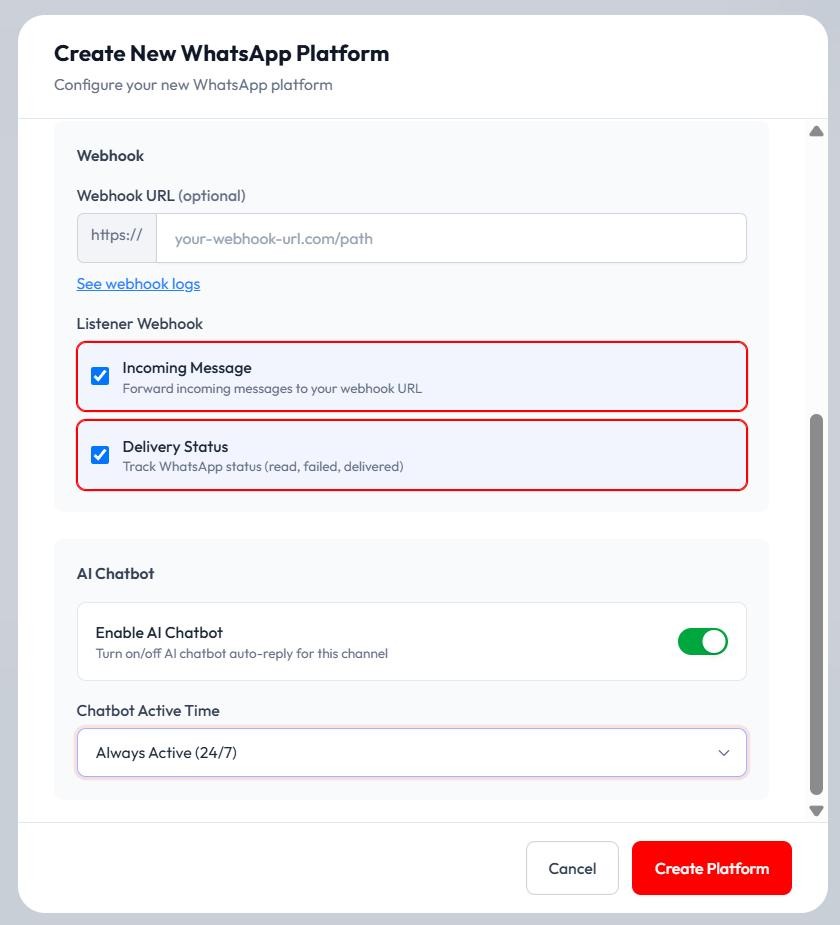 Pengaturan webhook dan chatbot