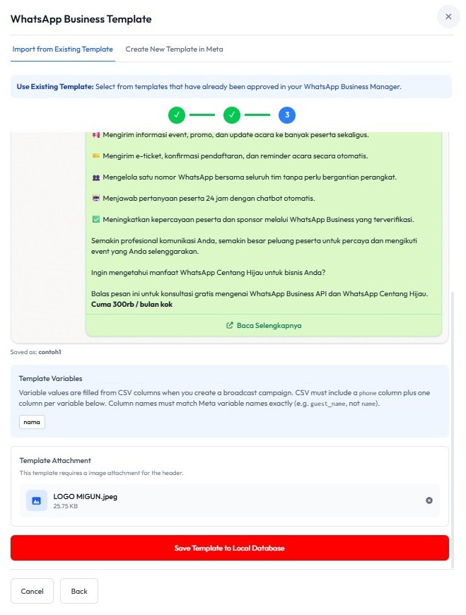 Save Template to Local Database