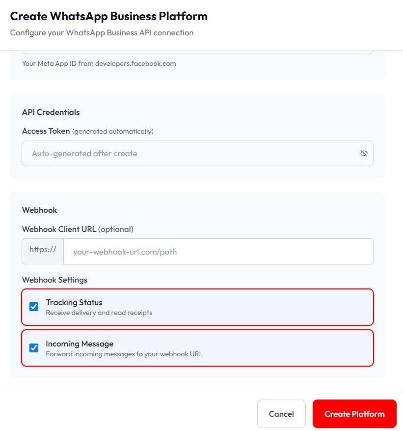 Centang Tracking Status dan Incoming Message